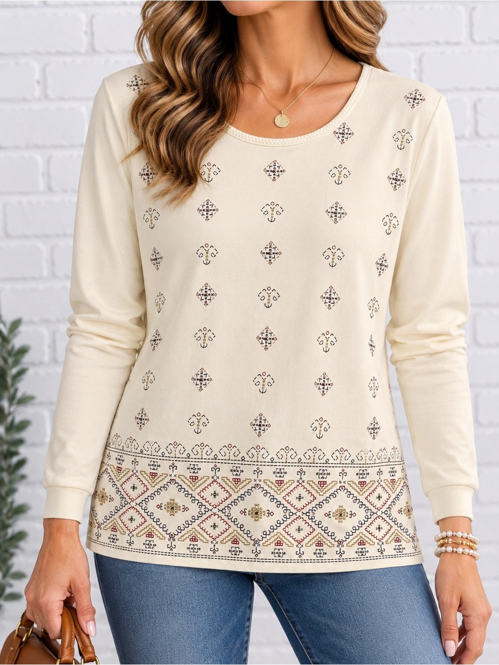 Vintage Alfred Dunner Cream Beaded Southwestern Geometric Top Small 90s Y2K